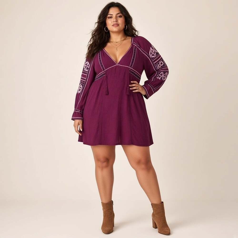 Free People All My Life Mini Dress NWT XL Plum Wine Boho Embroidered Tribal
